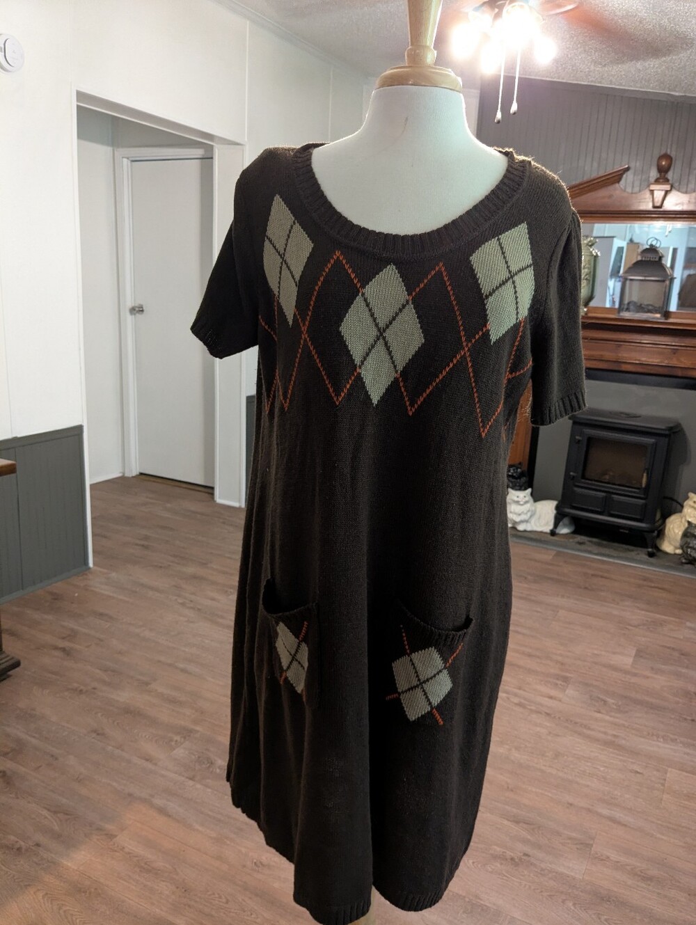 Brown Argyle Knit Pocket Dress